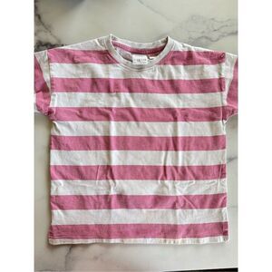 Zara 5-6 year pink white striped cotton casual t-shirt crew short sleeve play su